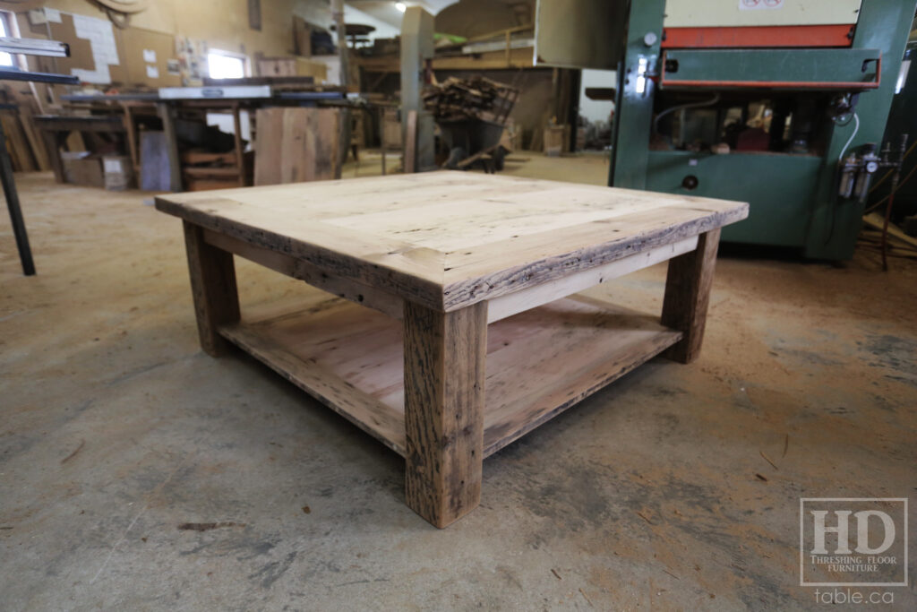 46" x 46" Ontario Barnwood Coffee Table we made for an Atwood home - 18" height - Old Growth Reclaimed Pine Threshing Floor Construction - Straight 4"x4" Windbrace Beam Legs -  Bottom 1" Grainery Board Shelf -  Mitred Corners - Original edges & distressing maintained - Unfinished Option - www.table.ca