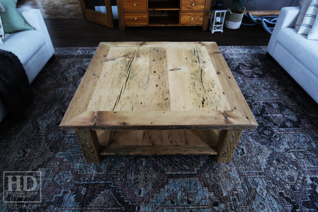 46" x 46" Ontario Barnwood Coffee Table we made for an Atwood home - 18" height - Old Growth Reclaimed Pine Threshing Floor Construction - Straight 4"x4" Windbrace Beam Legs -  Bottom 1" Grainery Board Shelf -  Mitred Corners - Original edges & distressing maintained - Unfinished Option - www.table.ca