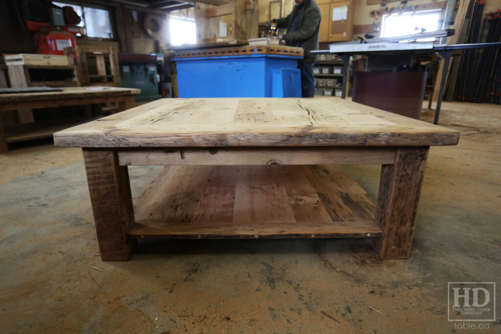 46" x 46" Ontario Barnwood Coffee Table we made for an Atwood home - 18" height - Old Growth Reclaimed Pine Threshing Floor Construction - Straight 4"x4" Windbrace Beam Legs -  Bottom 1" Grainery Board Shelf -  Mitred Corners - Original edges & distressing maintained - Unfinished Option - www.table.ca