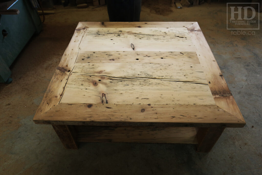 46" x 46" Ontario Barnwood Coffee Table we made for an Atwood home - 18" height - Old Growth Reclaimed Pine Threshing Floor Construction - Straight 4"x4" Windbrace Beam Legs -  Bottom 1" Grainery Board Shelf -  Mitred Corners - Original edges & distressing maintained - Unfinished Option - www.table.ca