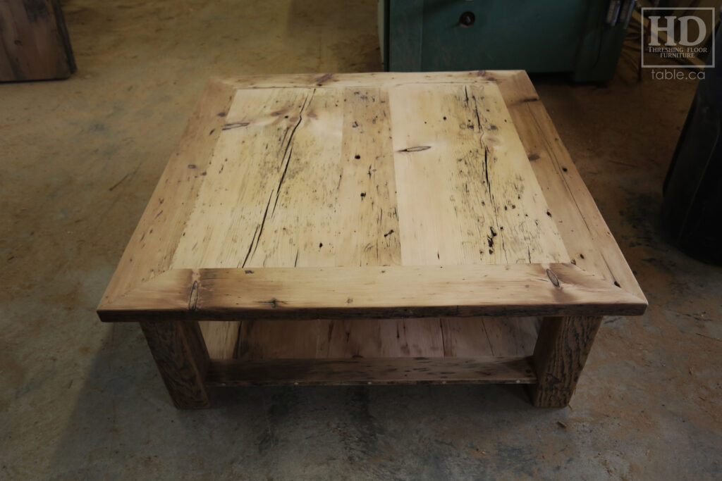 46" x 46" Ontario Barnwood Coffee Table we made for an Atwood home - 18" height - Old Growth Reclaimed Pine Threshing Floor Construction - Straight 4"x4" Windbrace Beam Legs -  Bottom 1" Grainery Board Shelf -  Mitred Corners - Original edges & distressing maintained - Unfinished Option - www.table.ca