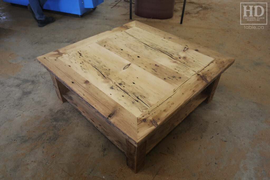 46" x 46" Ontario Barnwood Coffee Table we made for an Atwood home - 18" height - Old Growth Reclaimed Pine Threshing Floor Construction - Straight 4"x4" Windbrace Beam Legs -  Bottom 1" Grainery Board Shelf -  Mitred Corners - Original edges & distressing maintained - Unfinished Option - www.table.ca