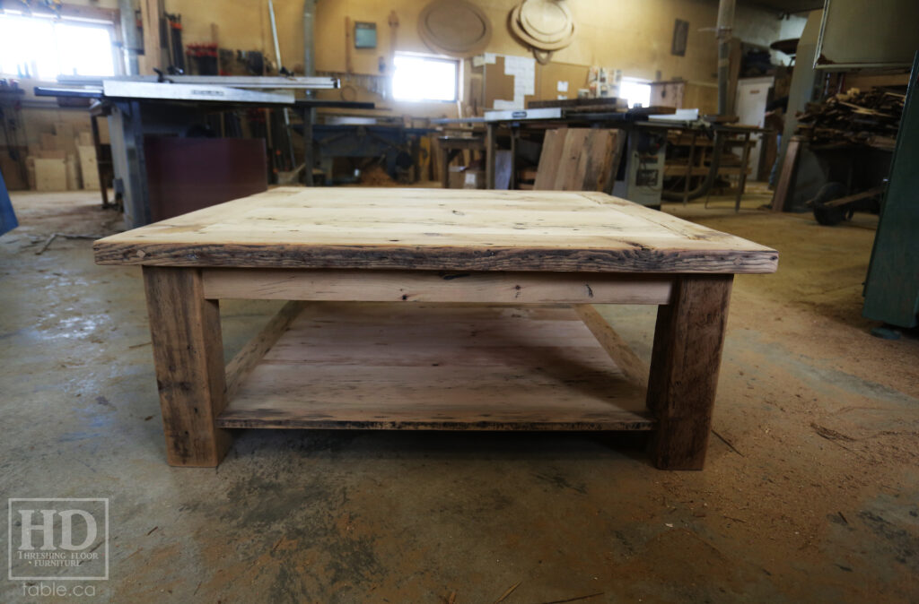 46" x 46" Ontario Barnwood Coffee Table we made for an Atwood home - 18" height - Old Growth Reclaimed Pine Threshing Floor Construction - Straight 4"x4" Windbrace Beam Legs -  Bottom 1" Grainery Board Shelf -  Mitred Corners - Original edges & distressing maintained - Unfinished Option - www.table.ca