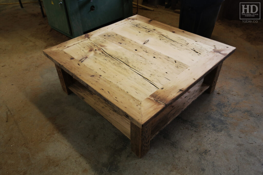 46" x 46" Ontario Barnwood Coffee Table we made for an Atwood home - 18" height - Old Growth Reclaimed Pine Threshing Floor Construction - Straight 4"x4" Windbrace Beam Legs -  Bottom 1" Grainery Board Shelf -  Mitred Corners - Original edges & distressing maintained - Unfinished Option - www.table.ca