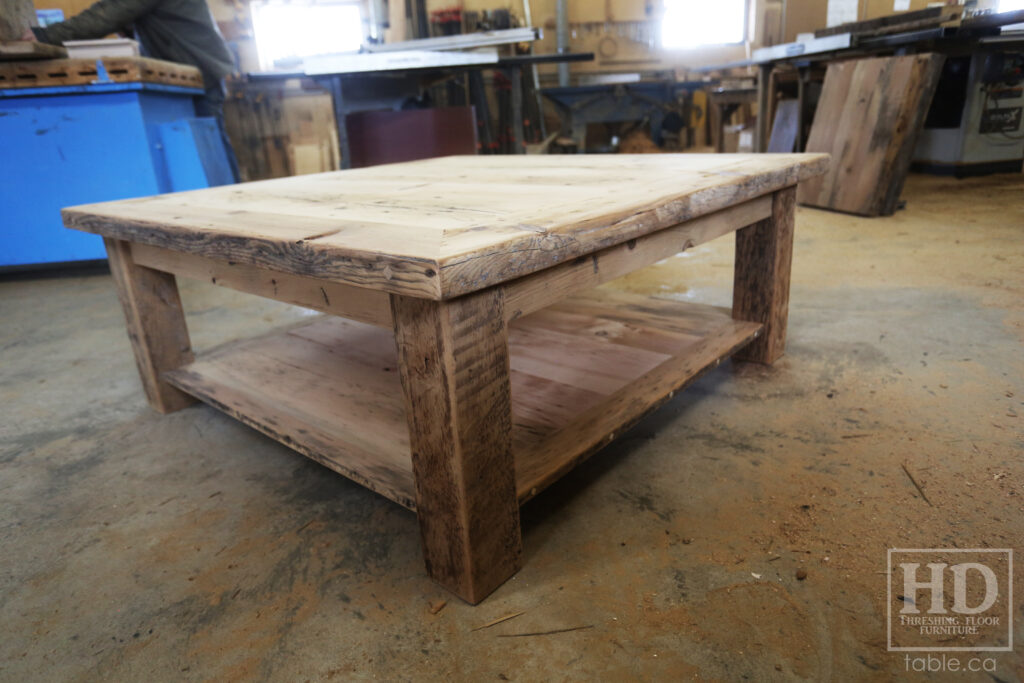 46" x 46" Ontario Barnwood Coffee Table we made for an Atwood home - 18" height - Old Growth Reclaimed Pine Threshing Floor Construction - Straight 4"x4" Windbrace Beam Legs -  Bottom 1" Grainery Board Shelf -  Mitred Corners - Original edges & distressing maintained - Unfinished Option - www.table.ca