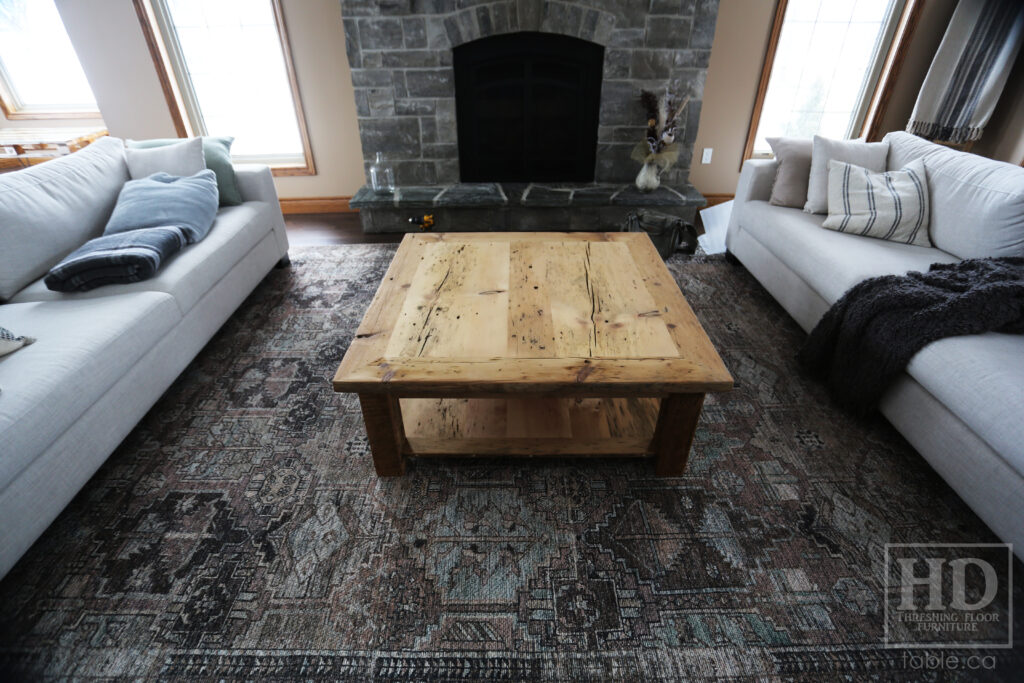 46" x 46" Ontario Barnwood Coffee Table we made for an Atwood home - 18" height - Old Growth Reclaimed Pine Threshing Floor Construction - Straight 4"x4" Windbrace Beam Legs -  Bottom 1" Grainery Board Shelf -  Mitred Corners - Original edges & distressing maintained - Unfinished Option - www.table.ca