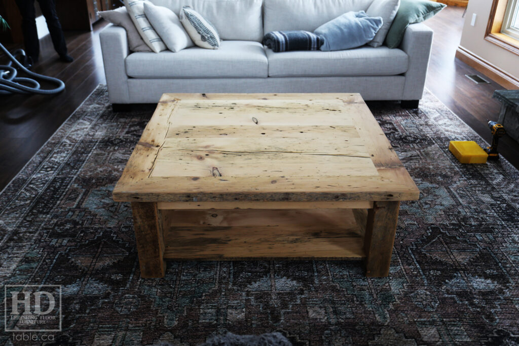 46" x 46" Ontario Barnwood Coffee Table we made for an Atwood home - 18" height - Old Growth Reclaimed Pine Threshing Floor Construction - Straight 4"x4" Windbrace Beam Legs -  Bottom 1" Grainery Board Shelf -  Mitred Corners - Original edges & distressing maintained - Unfinished Option - www.table.ca