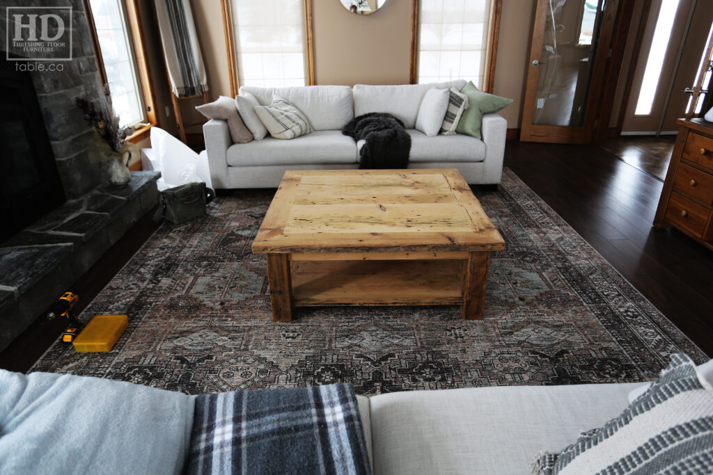 46" x 46" Ontario Barnwood Coffee Table we made for an Atwood home - 18" height - Old Growth Reclaimed Pine Threshing Floor Construction - Straight 4"x4" Windbrace Beam Legs -  Bottom 1" Grainery Board Shelf -  Mitred Corners - Original edges & distressing maintained - Unfinished Option - www.table.ca