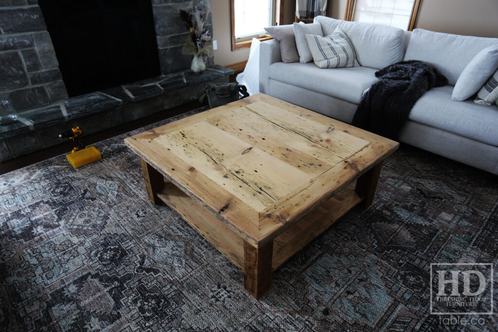 46" x 46" Ontario Barnwood Coffee Table we made for an Atwood home - 18" height - Old Growth Reclaimed Pine Threshing Floor Construction - Straight 4"x4" Windbrace Beam Legs -  Bottom 1" Grainery Board Shelf -  Mitred Corners - Original edges & distressing maintained - Unfinished Option - www.table.ca