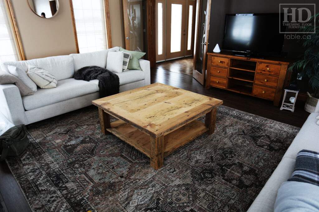 46" x 46" Ontario Barnwood Coffee Table we made for an Atwood home - 18" height - Old Growth Reclaimed Pine Threshing Floor Construction - Straight 4"x4" Windbrace Beam Legs -  Bottom 1" Grainery Board Shelf -  Mitred Corners - Original edges & distressing maintained - Unfinished Option - www.table.ca