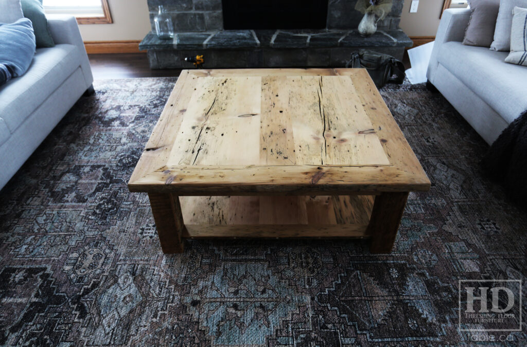 46" x 46" Ontario Barnwood Coffee Table we made for an Atwood home - 18" height - Old Growth Reclaimed Pine Threshing Floor Construction - Straight 4"x4" Windbrace Beam Legs -  Bottom 1" Grainery Board Shelf -  Mitred Corners - Original edges & distressing maintained - Unfinished Option - www.table.ca