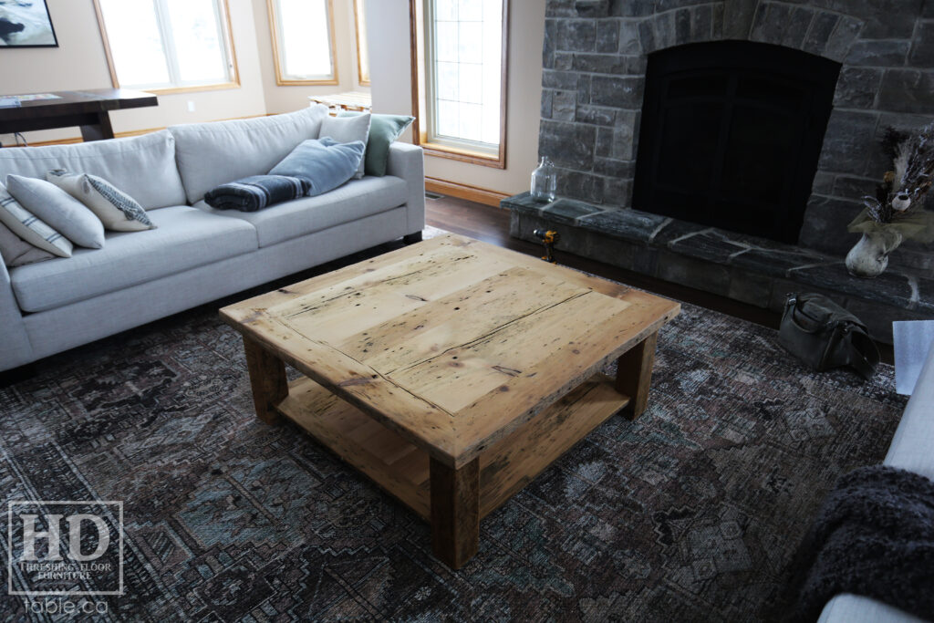 46" x 46" Ontario Barnwood Coffee Table we made for an Atwood home - 18" height - Old Growth Reclaimed Pine Threshing Floor Construction - Straight 4"x4" Windbrace Beam Legs -  Bottom 1" Grainery Board Shelf -  Mitred Corners - Original edges & distressing maintained - Unfinished Option - www.table.ca