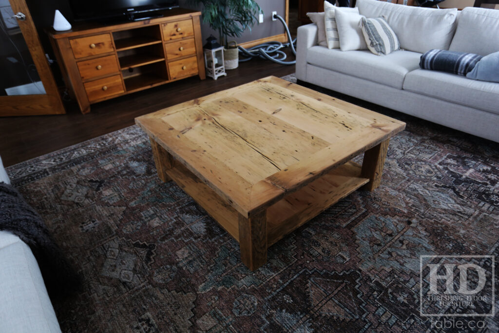 46" x 46" Ontario Barnwood Coffee Table we made for an Atwood home - 18" height - Old Growth Reclaimed Pine Threshing Floor Construction - Straight 4"x4" Windbrace Beam Legs -  Bottom 1" Grainery Board Shelf -  Mitred Corners - Original edges & distressing maintained - Unfinished Option - www.table.ca