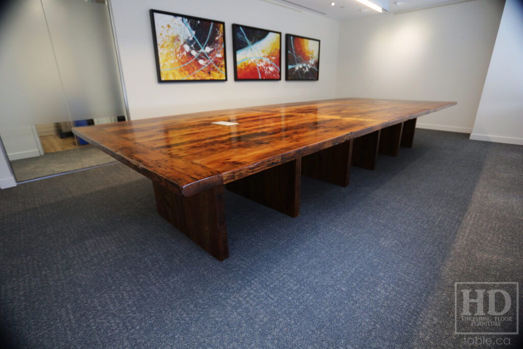 16' Ontario Barnwood Boardroom Table we made for a Toronto office - 72" wide - Reclaimed Old Growth Hemlock Threshing Floor Construction - 3" Barn Joist Plank Base Option - Original edges & distressing maintained - Premium epoxy + satin polyurethane finish - Onsite final doweling [limited access location] - Electrical boxes cut in - www.table.ca
