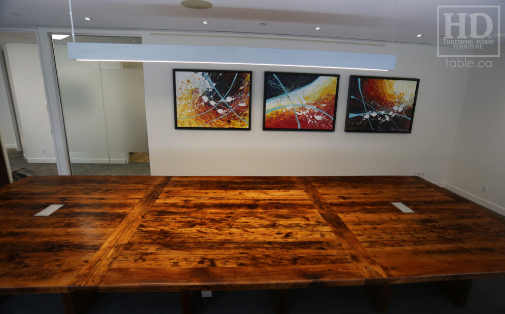 16' Ontario Barnwood Boardroom Table we made for a Toronto office - 72" wide - Reclaimed Old Growth Hemlock Threshing Floor Construction - 3" Barn Joist Plank Base Option - Original edges & distressing maintained - Premium epoxy + satin polyurethane finish - Onsite final doweling [limited access location] - Electrical boxes cut in - www.table.ca