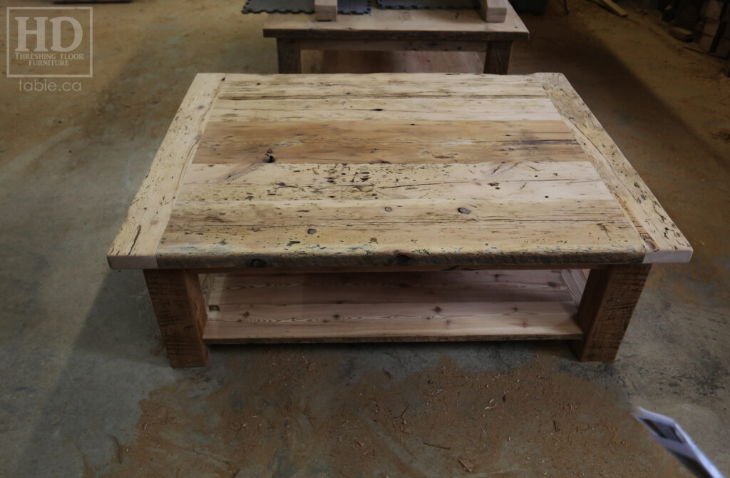 4.5' x 3.5' Ontario Barnwood Coffee Table we made for a Fonthill home - 18" height - Straight 4"x4" Windbrace Beam Legs - Bottom 1" Grainery Board Shelf - Hemlock Threshing Floor 2" Top - Original edges & distressing maintained - Solid Black Painted Base - Premium epoxy + satin polyurethane finish / www.table.ca