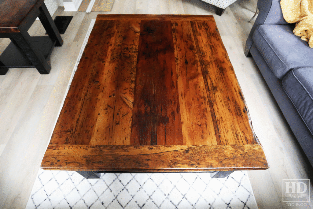 4.5' x 3.5' Ontario Barnwood Coffee Table we made for a Fonthill home - 18" height - Straight 4"x4" Windbrace Beam Legs - Bottom 1" Grainery Board Shelf - Hemlock Threshing Floor 2" Top - Original edges & distressing maintained - Solid Black Painted Base - Premium epoxy + satin polyurethane finish / www.table.ca