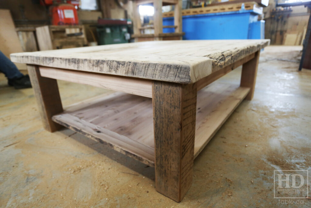 4.5' x 3.5' Ontario Barnwood Coffee Table we made for a Fonthill home - 18" height - Straight 4"x4" Windbrace Beam Legs - Bottom 1" Grainery Board Shelf - Hemlock Threshing Floor 2" Top - Original edges & distressing maintained - Solid Black Painted Base - Premium epoxy + satin polyurethane finish / www.table.ca