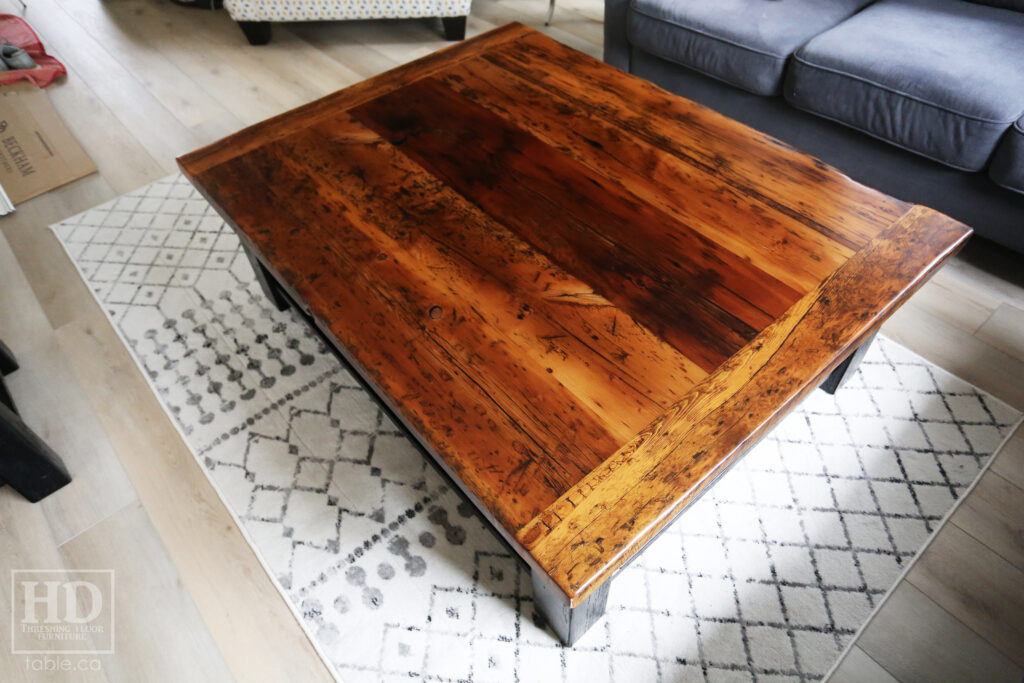 4.5' x 3.5' Ontario Barnwood Coffee Table we made for a Fonthill home - 18" height - Straight 4"x4" Windbrace Beam Legs - Bottom 1" Grainery Board Shelf - Hemlock Threshing Floor 2" Top - Original edges & distressing maintained - Solid Black Painted Base - Premium epoxy + satin polyurethane finish / www.table.ca