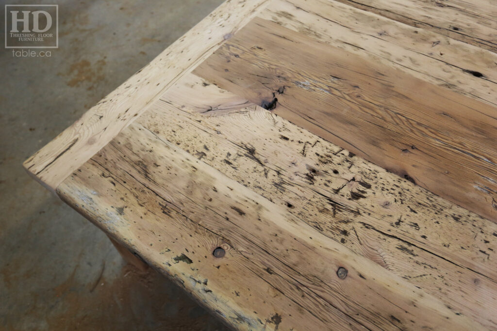 4.5' x 3.5' Ontario Barnwood Coffee Table we made for a Fonthill home - 18" height - Straight 4"x4" Windbrace Beam Legs - Bottom 1" Grainery Board Shelf - Hemlock Threshing Floor 2" Top - Original edges & distressing maintained - Solid Black Painted Base - Premium epoxy + satin polyurethane finish / www.table.ca