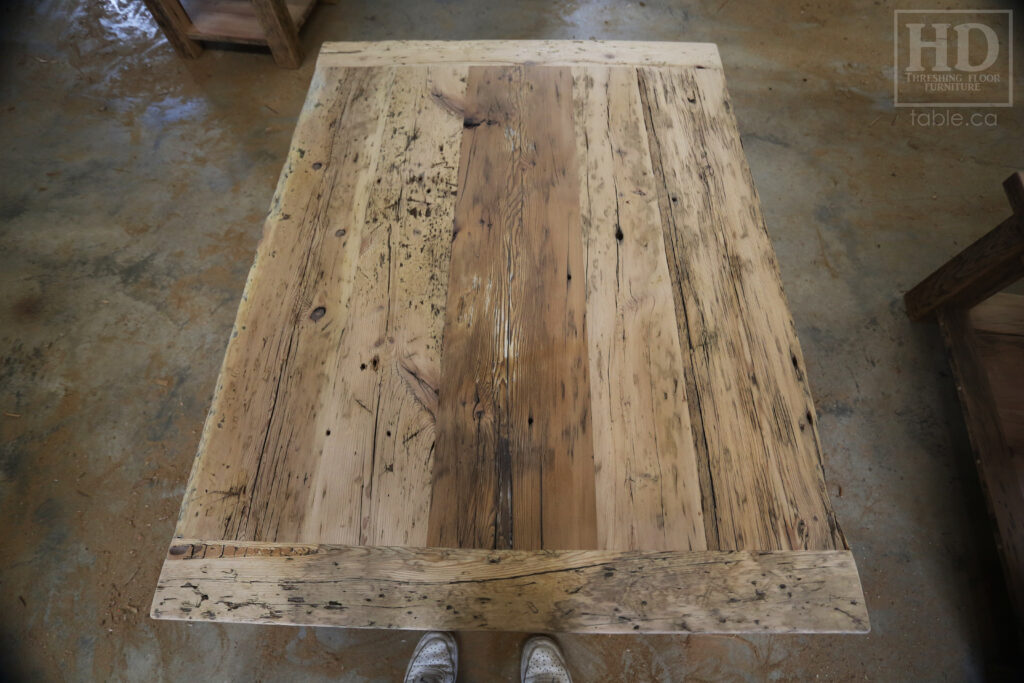 4.5' x 3.5' Ontario Barnwood Coffee Table we made for a Fonthill home - 18" height - Straight 4"x4" Windbrace Beam Legs - Bottom 1" Grainery Board Shelf - Hemlock Threshing Floor 2" Top - Original edges & distressing maintained - Solid Black Painted Base - Premium epoxy + satin polyurethane finish / www.table.ca