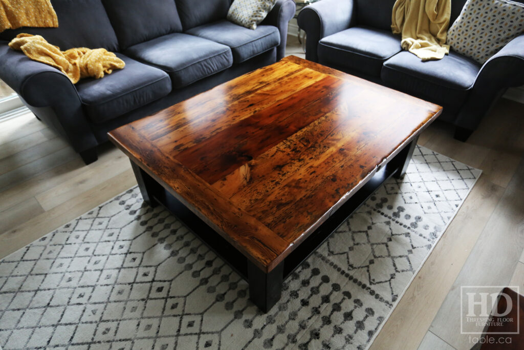 4.5' x 3.5' Ontario Barnwood Coffee Table we made for a Fonthill home - 18" height - Straight 4"x4" Windbrace Beam Legs - Bottom 1" Grainery Board Shelf - Hemlock Threshing Floor 2" Top - Original edges & distressing maintained - Solid Black Painted Base - Premium epoxy + satin polyurethane finish / www.table.ca