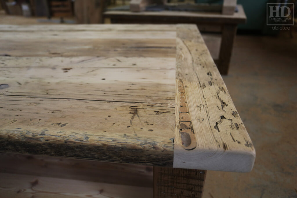 4.5' x 3.5' Ontario Barnwood Coffee Table we made for a Fonthill home - 18" height - Straight 4"x4" Windbrace Beam Legs - Bottom 1" Grainery Board Shelf - Hemlock Threshing Floor 2" Top - Original edges & distressing maintained - Solid Black Painted Base - Premium epoxy + satin polyurethane finish / www.table.ca