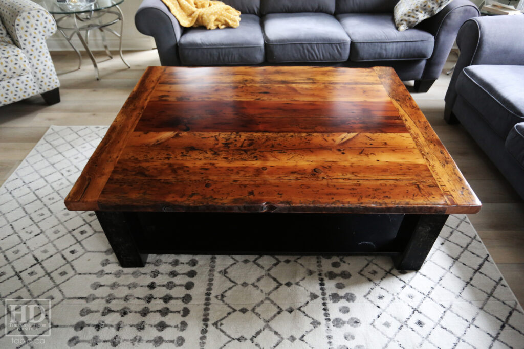 4.5' x 3.5' Ontario Barnwood Coffee Table we made for a Fonthill home - 18" height - Straight 4"x4" Windbrace Beam Legs - Bottom 1" Grainery Board Shelf - Hemlock Threshing Floor 2" Top - Original edges & distressing maintained - Solid Black Painted Base - Premium epoxy + satin polyurethane finish / www.table.ca