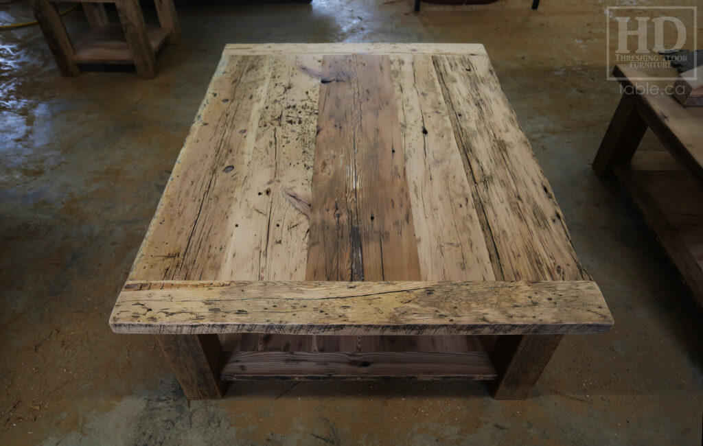 4.5' x 3.5' Ontario Barnwood Coffee Table we made for a Fonthill home - 18" height - Straight 4"x4" Windbrace Beam Legs - Bottom 1" Grainery Board Shelf - Hemlock Threshing Floor 2" Top - Original edges & distressing maintained - Solid Black Painted Base - Premium epoxy + satin polyurethane finish / www.table.ca