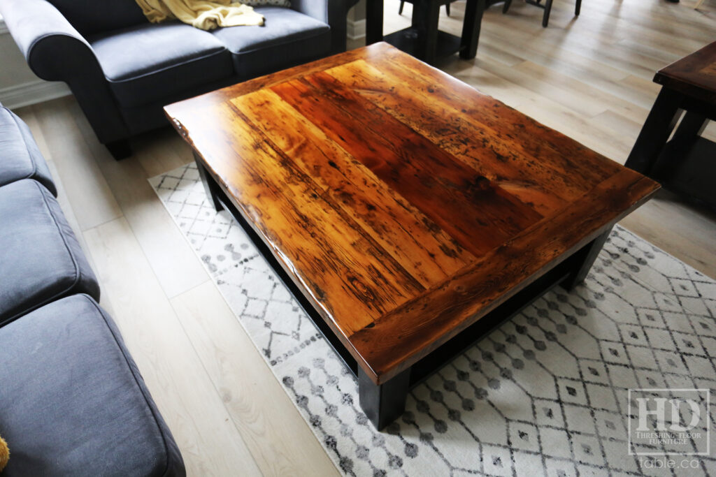 4.5' x 3.5' Ontario Barnwood Coffee Table we made for a Fonthill home - 18" height - Straight 4"x4" Windbrace Beam Legs - Bottom 1" Grainery Board Shelf - Hemlock Threshing Floor 2" Top - Original edges & distressing maintained - Solid Black Painted Base - Premium epoxy + satin polyurethane finish / www.table.ca