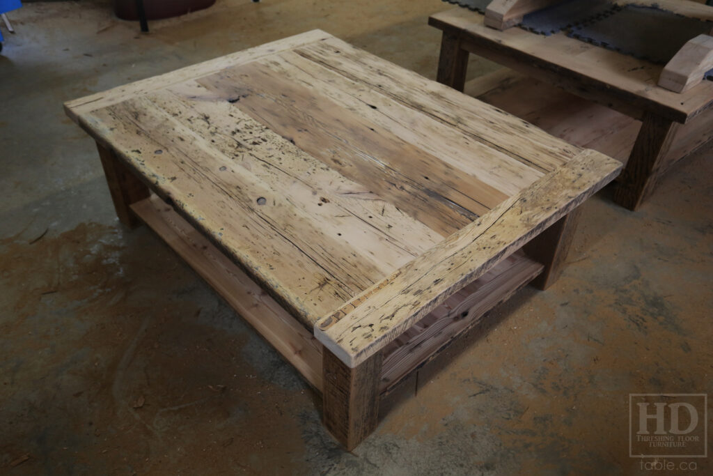 4.5' x 3.5' Ontario Barnwood Coffee Table we made for a Fonthill home - 18" height - Straight 4"x4" Windbrace Beam Legs - Bottom 1" Grainery Board Shelf - Hemlock Threshing Floor 2" Top - Original edges & distressing maintained - Solid Black Painted Base - Premium epoxy + satin polyurethane finish / www.table.ca