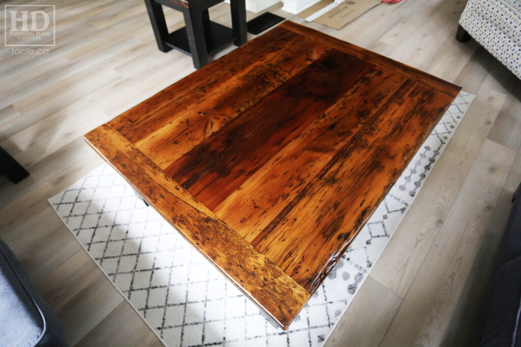 4.5' x 3.5' Ontario Barnwood Coffee Table we made for a Fonthill home - 18" height - Straight 4"x4" Windbrace Beam Legs - Bottom 1" Grainery Board Shelf - Hemlock Threshing Floor 2" Top - Original edges & distressing maintained - Solid Black Painted Base - Premium epoxy + satin polyurethane finish / www.table.ca