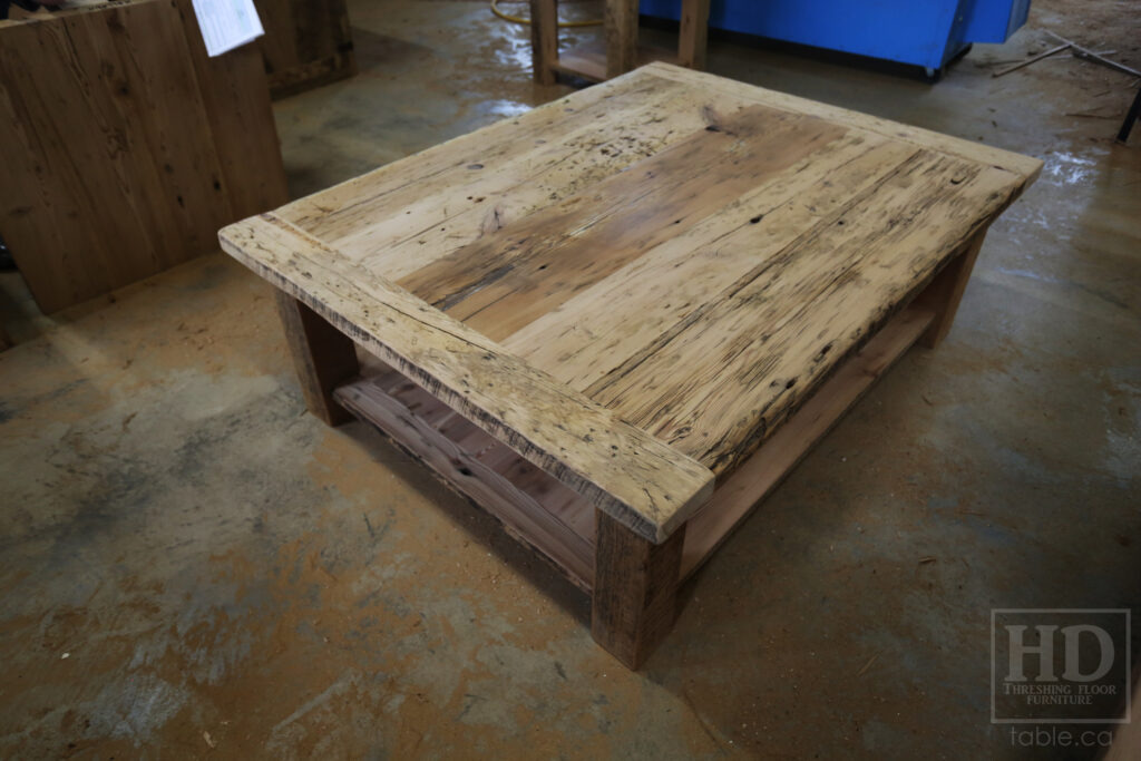 4.5' x 3.5' Ontario Barnwood Coffee Table we made for a Fonthill home - 18" height - Straight 4"x4" Windbrace Beam Legs - Bottom 1" Grainery Board Shelf - Hemlock Threshing Floor 2" Top - Original edges & distressing maintained - Solid Black Painted Base - Premium epoxy + satin polyurethane finish / www.table.ca