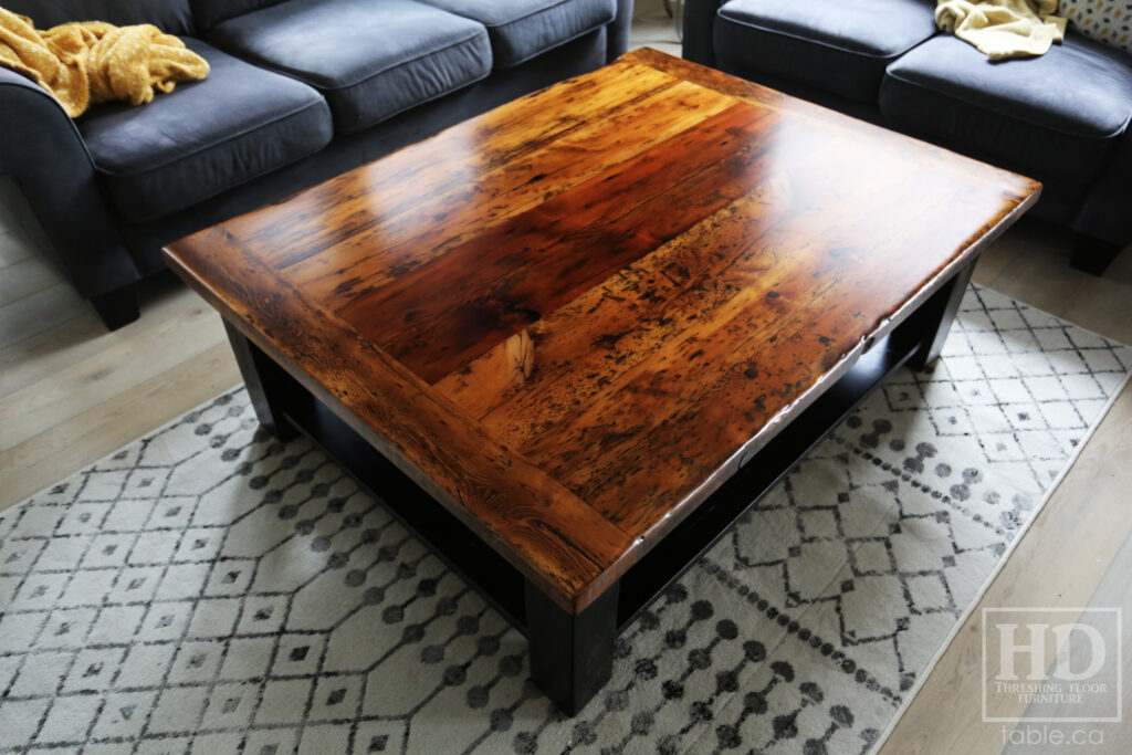 4.5' x 3.5' Ontario Barnwood Coffee Table we made for a Fonthill home - 18" height - Straight 4"x4" Windbrace Beam Legs - Bottom 1" Grainery Board Shelf - Hemlock Threshing Floor 2" Top - Original edges & distressing maintained - Solid Black Painted Base - Premium epoxy + satin polyurethane finish / www.table.ca