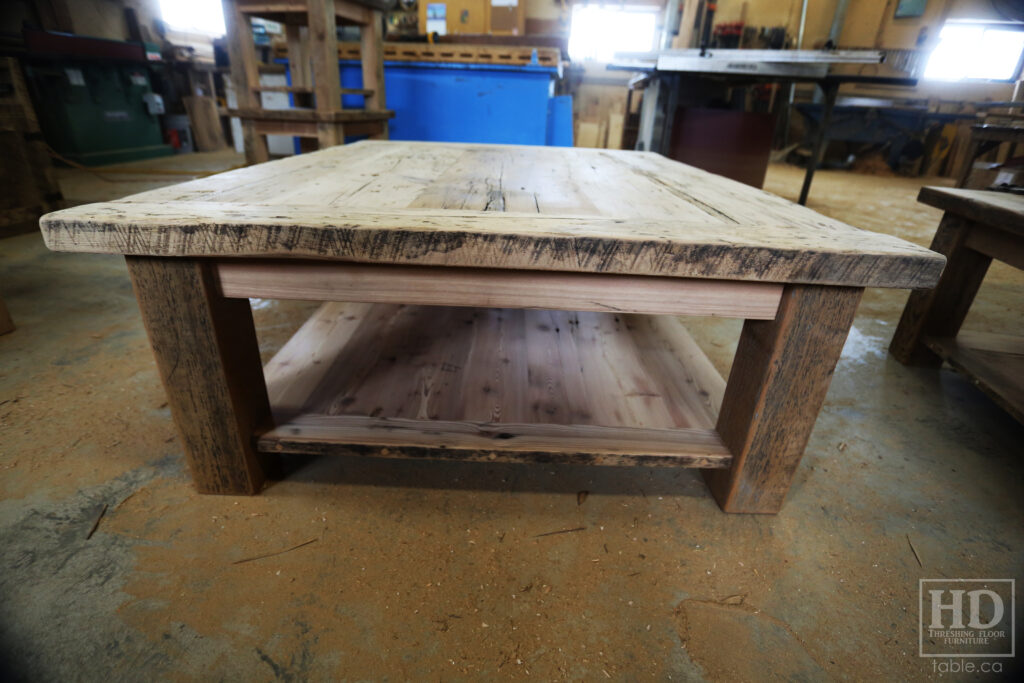 4.5' x 3.5' Ontario Barnwood Coffee Table we made for a Fonthill home - 18" height - Straight 4"x4" Windbrace Beam Legs - Bottom 1" Grainery Board Shelf - Hemlock Threshing Floor 2" Top - Original edges & distressing maintained - Solid Black Painted Base - Premium epoxy + satin polyurethane finish / www.table.ca