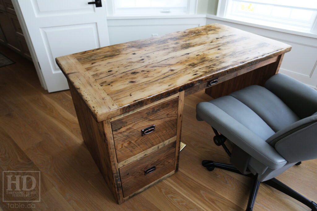 60" Ontario Barnwood Desk we made for a Dundas home - 30" wide - 30" height - 3 Drawers - Reclaimed Old Growth Hemlock Threshing Floor + Grainery Board Construction - Original edges + distressing kept - Mission Cast Brass Lee Valley Hardware - Greytone Option - Premium epoxy + satin polyurethane finish - www.table.ca