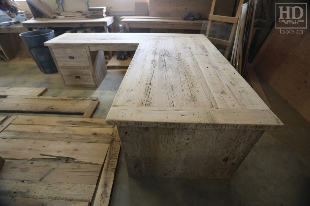 84" Ontario Barnwood Desk we made for a Toronto office - 40" deep - 96" Return / 24" deep - Gable End - Corner Post - 2 drawers on return side - Reclaimed Old Growth Hemlock Threshing Floor + Grainery Board Construction - Original edges + distressing maintained - Mission Cast Brass Lee Valley Hardware - Premium epoxy + satin polyurethane finish - www.table.ca