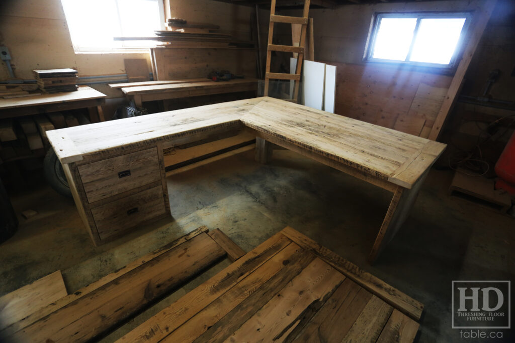 84" Ontario Barnwood Desk we made for a Toronto office - 40" deep - 96" Return / 24" deep - Gable End - Corner Post - 2 drawers on return side - Reclaimed Old Growth Hemlock Threshing Floor + Grainery Board Construction - Original edges + distressing maintained - Mission Cast Brass Lee Valley Hardware - Premium epoxy + satin polyurethane finish - www.table.ca