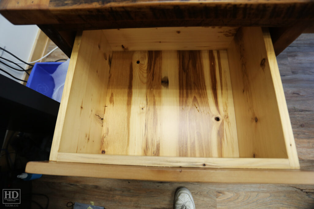 84" Ontario Barnwood Desk we made for a Toronto office - 40" deep - 96" Return / 24" deep - Gable End - Corner Post - 2 drawers on return side - Reclaimed Old Growth Hemlock Threshing Floor + Grainery Board Construction - Original edges + distressing maintained - Mission Cast Brass Lee Valley Hardware - Premium epoxy + satin polyurethane finish - www.table.ca