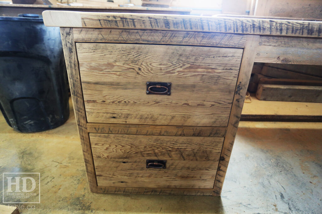 84" Ontario Barnwood Desk we made for a Toronto office - 40" deep - 96" Return / 24" deep - Gable End - Corner Post - 2 drawers on return side - Reclaimed Old Growth Hemlock Threshing Floor + Grainery Board Construction - Original edges + distressing maintained - Mission Cast Brass Lee Valley Hardware - Premium epoxy + satin polyurethane finish - www.table.ca