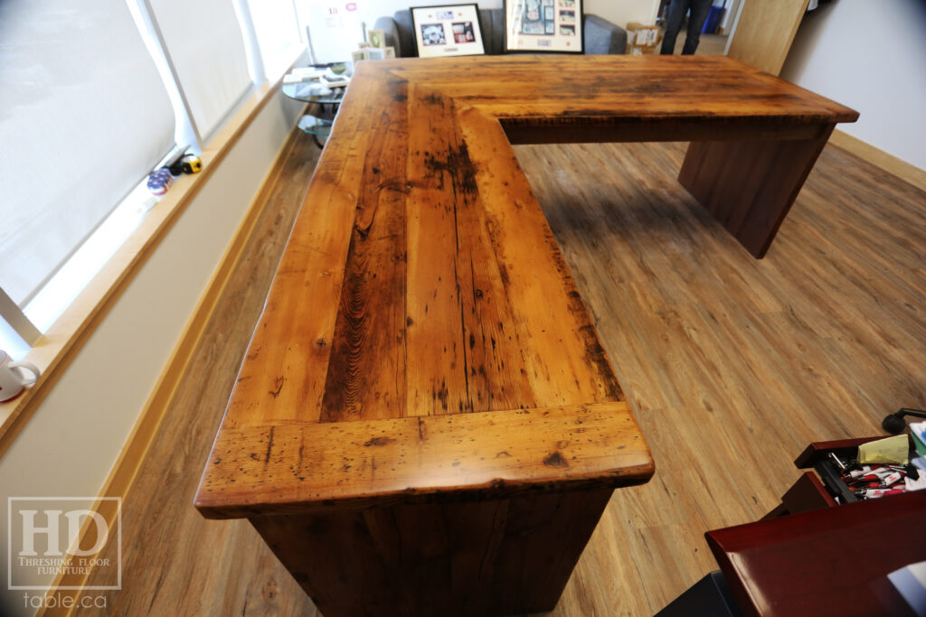 84" Ontario Barnwood Desk we made for a Toronto office - 40" deep - 96" Return / 24" deep - Gable End - Corner Post - 2 drawers on return side - Reclaimed Old Growth Hemlock Threshing Floor + Grainery Board Construction - Original edges + distressing maintained - Mission Cast Brass Lee Valley Hardware - Premium epoxy + satin polyurethane finish - www.table.ca