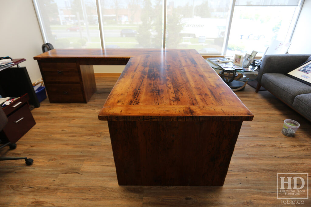 84" Ontario Barnwood Desk we made for a Toronto office - 40" deep - 96" Return / 24" deep - Gable End - Corner Post - 2 drawers on return side - Reclaimed Old Growth Hemlock Threshing Floor + Grainery Board Construction - Original edges + distressing maintained - Mission Cast Brass Lee Valley Hardware - Premium epoxy + satin polyurethane finish - www.table.ca