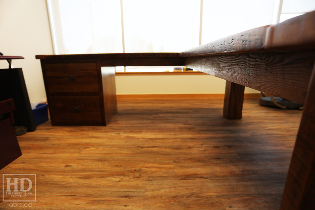 84" Ontario Barnwood Desk we made for a Toronto office - 40" deep - 96" Return / 24" deep - Gable End - Corner Post - 2 drawers on return side - Reclaimed Old Growth Hemlock Threshing Floor + Grainery Board Construction - Original edges + distressing maintained - Mission Cast Brass Lee Valley Hardware - Premium epoxy + satin polyurethane finish - www.table.ca