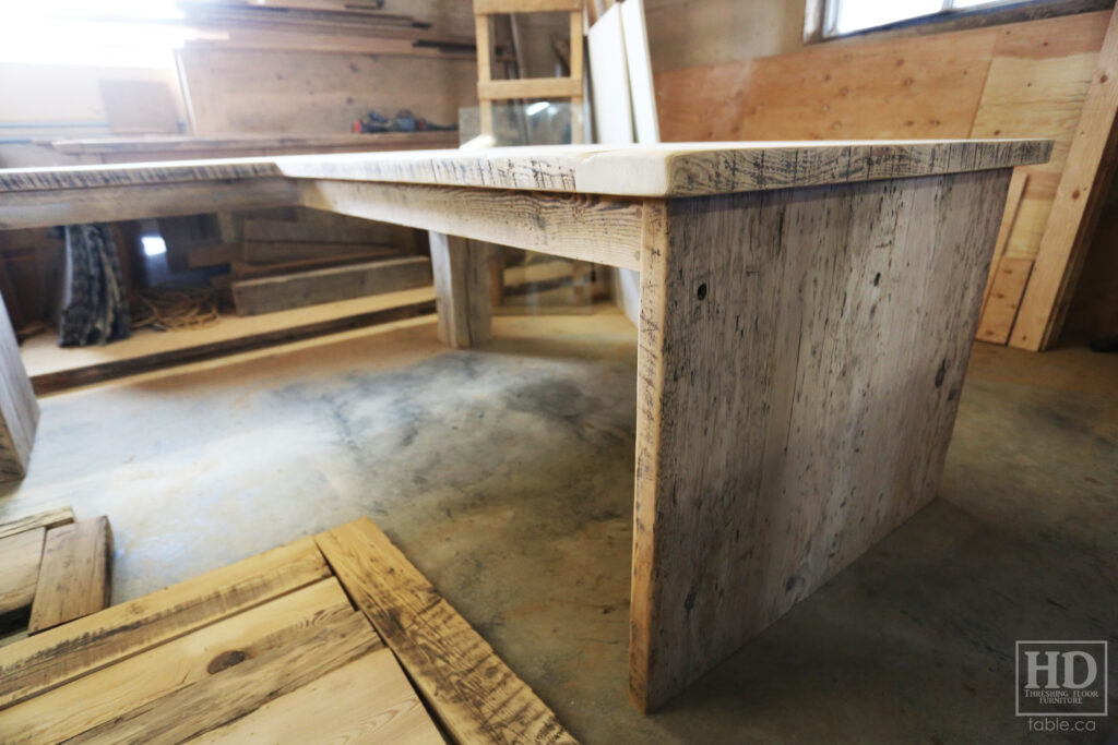 84" Ontario Barnwood Desk we made for a Toronto office - 40" deep - 96" Return / 24" deep - Gable End - Corner Post - 2 drawers on return side - Reclaimed Old Growth Hemlock Threshing Floor + Grainery Board Construction - Original edges + distressing maintained - Mission Cast Brass Lee Valley Hardware - Premium epoxy + satin polyurethane finish - www.table.ca