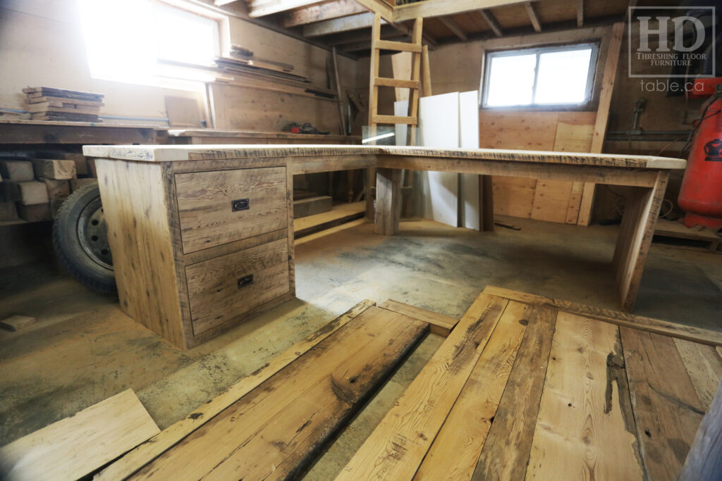 84" Ontario Barnwood Desk we made for a Toronto office - 40" deep - 96" Return / 24" deep - Gable End - Corner Post - 2 drawers on return side - Reclaimed Old Growth Hemlock Threshing Floor + Grainery Board Construction - Original edges + distressing maintained - Mission Cast Brass Lee Valley Hardware - Premium epoxy + satin polyurethane finish - www.table.ca