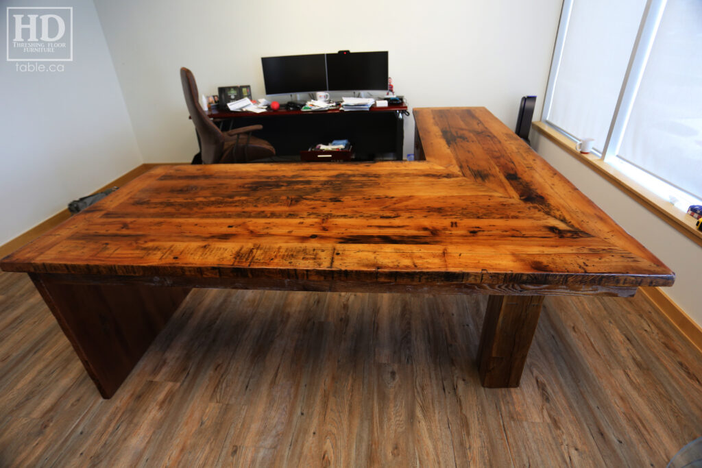 84" Ontario Barnwood Desk we made for a Toronto office - 40" deep - 96" Return / 24" deep - Gable End - Corner Post - 2 drawers on return side - Reclaimed Old Growth Hemlock Threshing Floor + Grainery Board Construction - Original edges + distressing maintained - Mission Cast Brass Lee Valley Hardware - Premium epoxy + satin polyurethane finish - www.table.ca