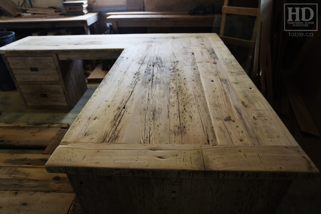 84" Ontario Barnwood Desk we made for a Toronto office - 40" deep - 96" Return / 24" deep - Gable End - Corner Post - 2 drawers on return side - Reclaimed Old Growth Hemlock Threshing Floor + Grainery Board Construction - Original edges + distressing maintained - Mission Cast Brass Lee Valley Hardware - Premium epoxy + satin polyurethane finish - www.table.ca