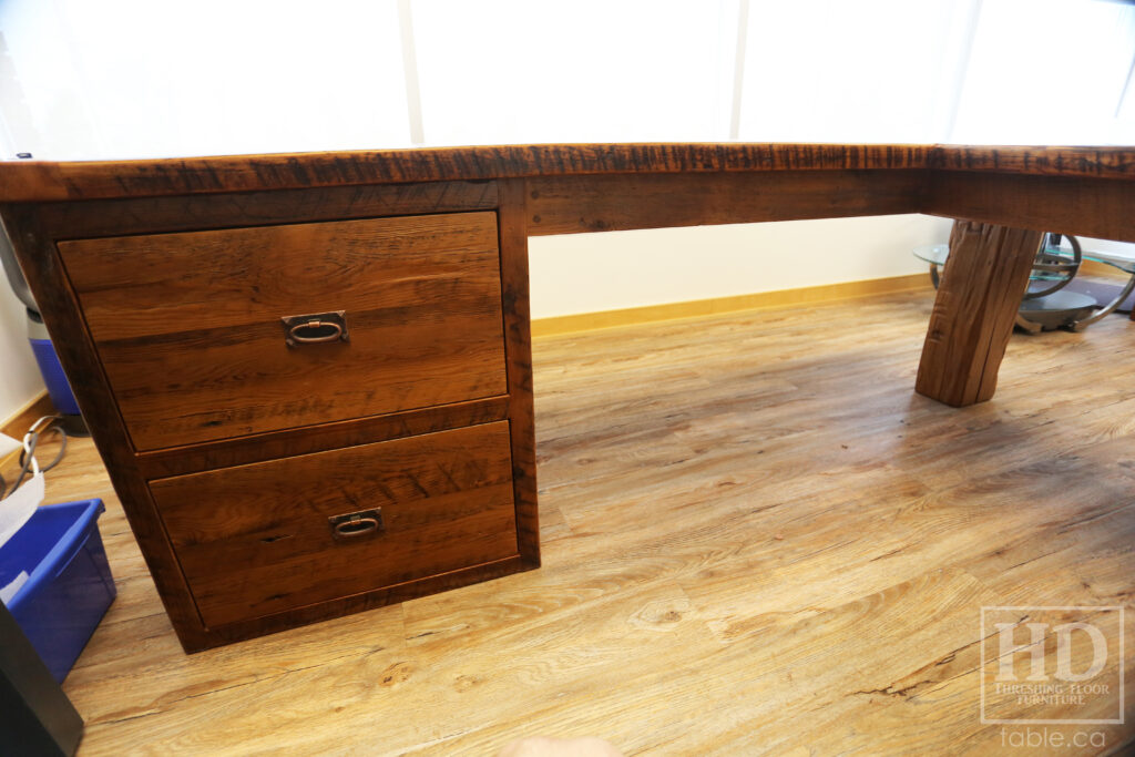 84" Ontario Barnwood Desk we made for a Toronto office - 40" deep - 96" Return / 24" deep - Gable End - Corner Post - 2 drawers on return side - Reclaimed Old Growth Hemlock Threshing Floor + Grainery Board Construction - Original edges + distressing maintained - Mission Cast Brass Lee Valley Hardware - Premium epoxy + satin polyurethane finish - www.table.ca