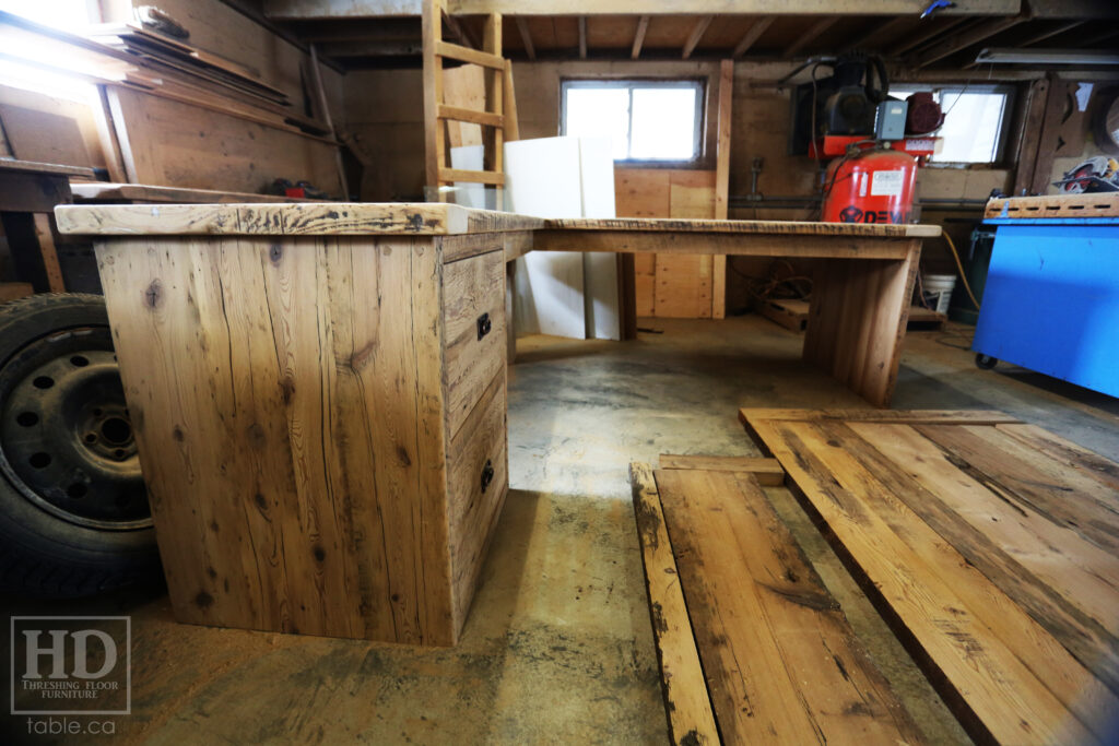 84" Ontario Barnwood Desk we made for a Toronto office - 40" deep - 96" Return / 24" deep - Gable End - Corner Post - 2 drawers on return side - Reclaimed Old Growth Hemlock Threshing Floor + Grainery Board Construction - Original edges + distressing maintained - Mission Cast Brass Lee Valley Hardware - Premium epoxy + satin polyurethane finish - www.table.ca