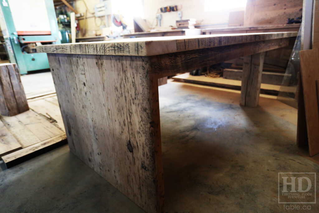 84" Ontario Barnwood Desk we made for a Toronto office - 40" deep - 96" Return / 24" deep - Gable End - Corner Post - 2 drawers on return side - Reclaimed Old Growth Hemlock Threshing Floor + Grainery Board Construction - Original edges + distressing maintained - Mission Cast Brass Lee Valley Hardware - Premium epoxy + satin polyurethane finish - www.table.ca